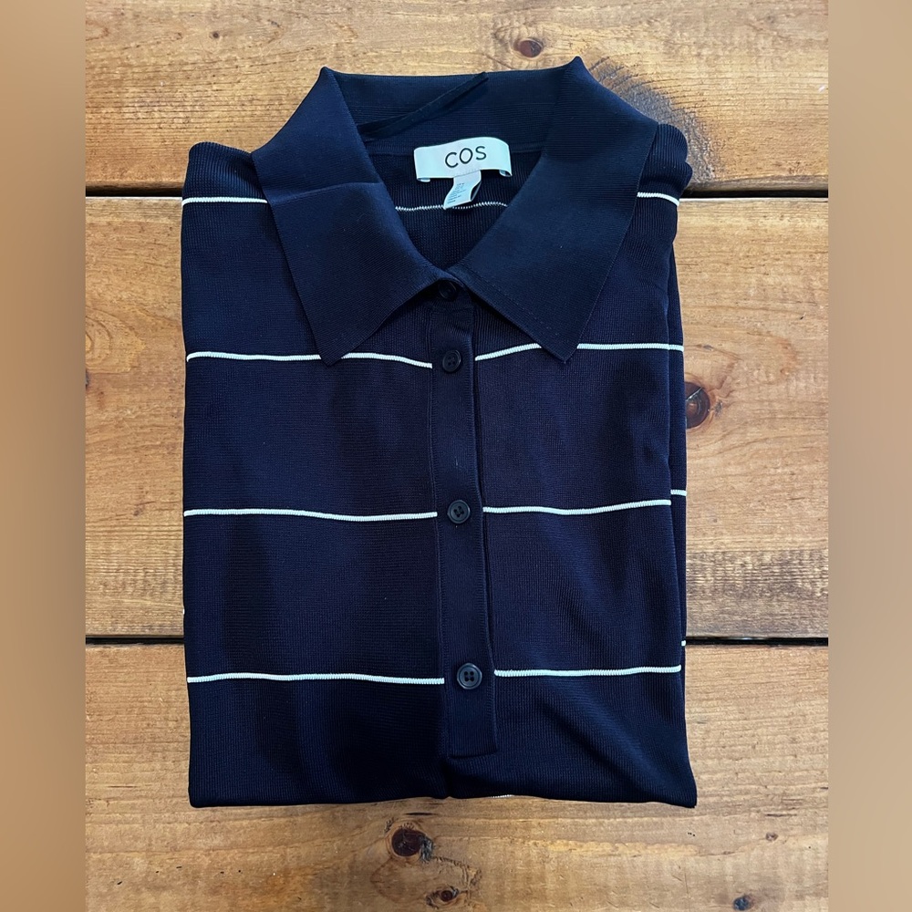 COS Women’s Knitted Polo Shirt Black Stripe Size Medium